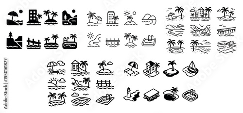 Beach icons with palm umbrella sailboat outline