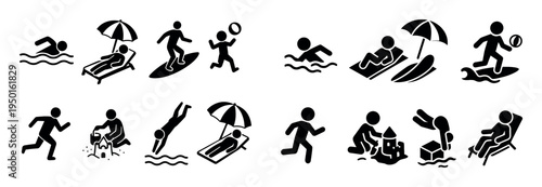 Beach icons with swimmer surfboard umbrella solid