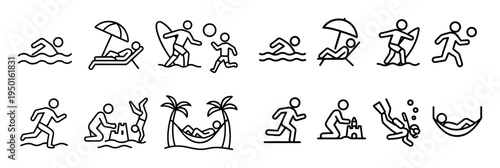 Beach icons with person umbrella hammock minimal