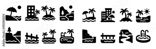 Beach icons with palm tree island pool solid