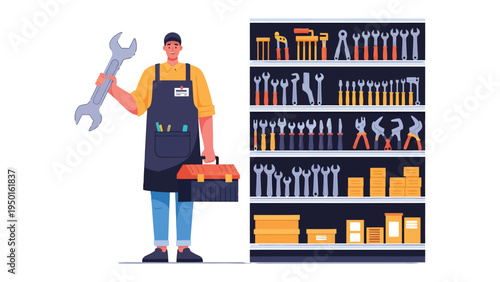 Handyman and Tools: A skilled handyman stands confidently, clutching a wrench and toolbox, with a shelf stocked with various tools to work in workplace. 