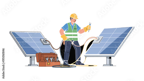 Harnessing the Sun's Power: A dedicated engineer works diligently, connecting a solar panel with precision, embracing the promise of sustainable energy.