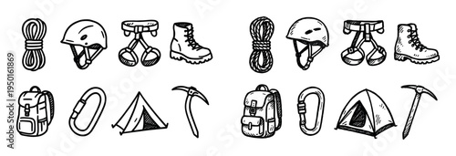 Outdoor icons with rope helmet boot outline