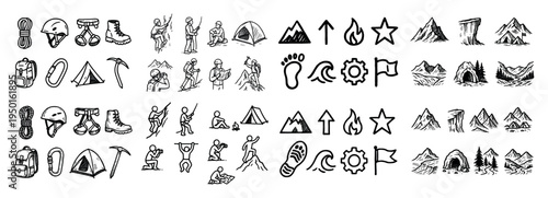 Adventure icons with tent boot backpack hand drawn
