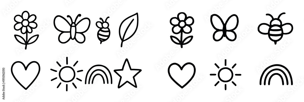 Fototapeta premium Spring icons with flower butterfly bee outline