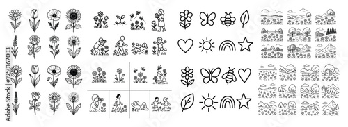 Garden icons with flower child butterfly outline