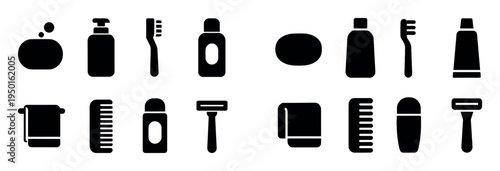 Bathroom icons with soap toothbrush towel flat