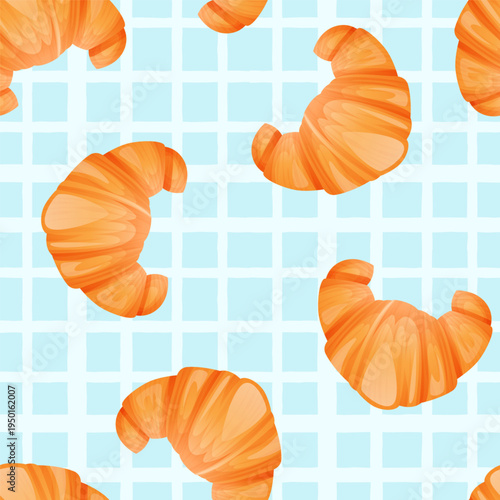 Illustrated croissants are scattered across a light blue checkered pattern, creating a playful and appetizing design perfect for baked goods, textiles, packaging, or digital backdrops.