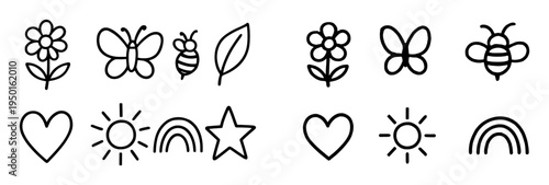Spring icons with flower butterfly bee outline