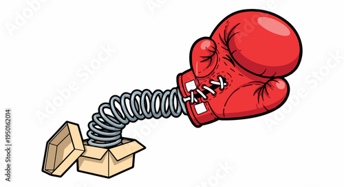 Cartoon illustration of a red boxing glove emerging from a cardboard box on a spring, against a white background.
