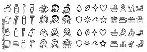 Personal care icons with soap towel face outline