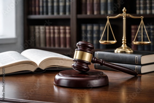 Wallpaper Mural Gavel scales and legal reference books in library room."" Ai generative Torontodigital.ca