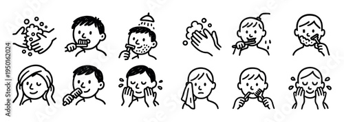 Hygiene icons with hands toothbrush face outline