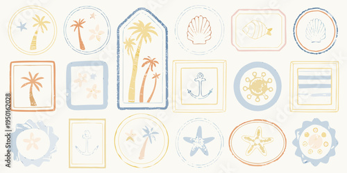 Collection of hand drawn tropical and nautical themed frames and illustrations