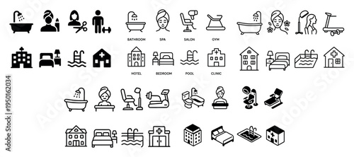Facility icons with bathtub bed pool outline