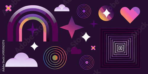 Abstract digital illustration featuring colorful shapes and dreamy cosmic elements