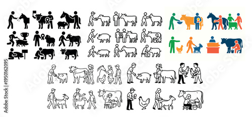 Farm icons with cow person goat outline