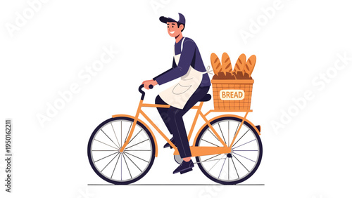 Freshly Baked Delivery: A smiling baker on a bicycle, carrying a basket of freshly baked bread. conveying the essence of morning freshness and artisanal craftsmanship.