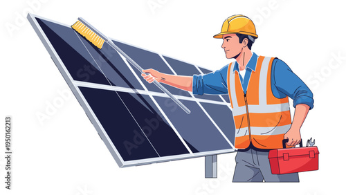 Solar Panel Technician: A skilled technician diligently cleans solar panels with a professional squeegee and carries a toolkit, ensuring optimal performance and promoting clean energy. 