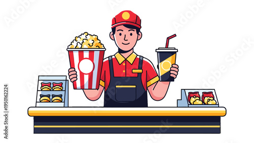 Cinema Delights: A cheerful attendant presents popcorn and a drink, embodying the joy of a cinematic treat experience.