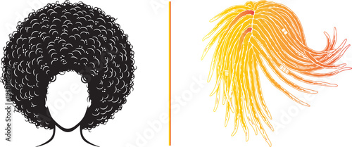 Vector illustration of a large black afro hairstyle and flowing orange-to-red locs. A vibrant, high-contrast graphic showcasing natural hair textures and bold colors for beauty and fashion.