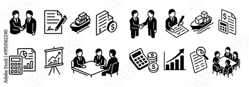 Business icons with handshake chart calculator solid