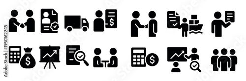 Business icons with truck calculator chart solid