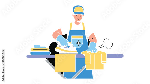 Steam Cleaning: An illustration captures a cleaning process, showcasing an individual meticulously ironing laundry with a steam iron, symbolizing dedication to orderliness and attention to detail.