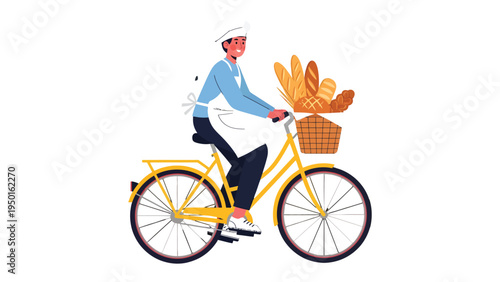 Artisan Baker's Bike Ride: An artisan baker cycles through the street, his bicycle basket overflowing with freshly baked bread, exuding a rustic charm and the promise of delightful culinary creations.