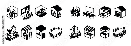 Business icons with office car and warehouse isometric