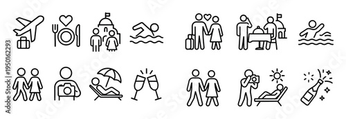 Travel icons with plane couple lounger outline