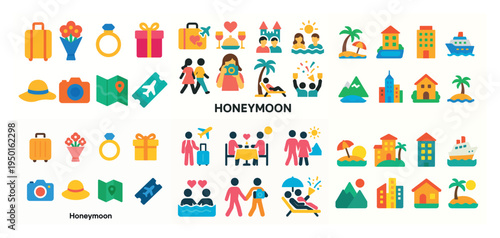 Travel icons with suitcase camera couple colorful