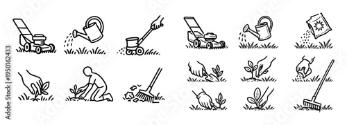 Gardening tools icons with mower watering can rake outline