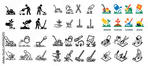 Gardening icons with lawn mower rake colorful flat