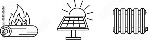 Set of minimalist line art icons representing various energy sources and heating methods perfect for sustainable living and power supply concepts
