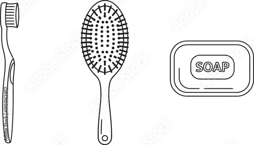 Minimalist outline vector illustration set of essential personal hygiene items including a toothbrush hairbrush and soap bar ideal for health wellness and daily routine concepts