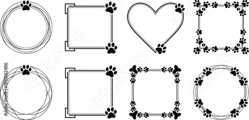 Paw print frames collection set cad drawing flat vector illustration with heart, circle, square borders for pet lovers isolated.