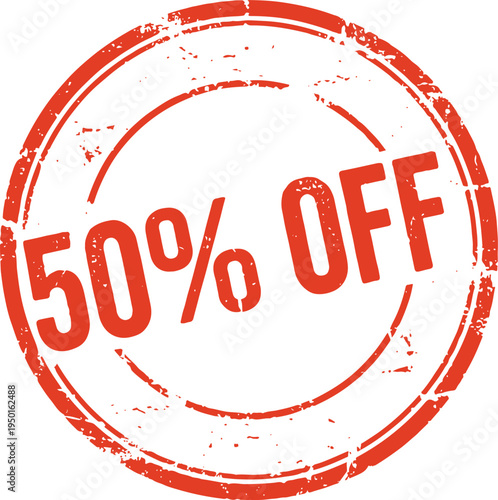 Red circular discount stamp with 50 percent off text  promotional offer symbol  sale badge