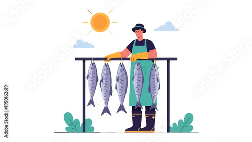 Fishing Life: A fisherman in his apron carefully hangs freshly caught fish, preparing them under the warm sun. A scene of life at sea.