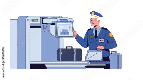 Securing Safety: A vigilant security officer at an airport meticulously monitors the luggage scanning process, ensuring secure travel.