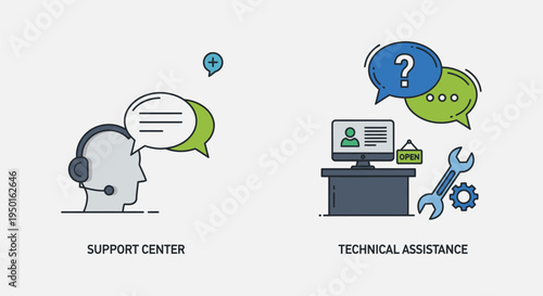 Support center and technical assistance icons.