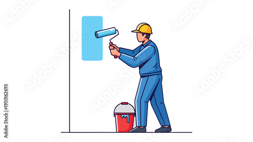 Painter's Precision: A skilled painter meticulously applies a fresh coat of sky blue paint to a stark wall. Demonstrating attention to detail and a commitment to quality.