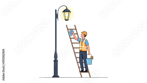 Streetlight Maintenance: A worker on a ladder, diligently cleaning a vintage streetlight, ensures the illumination of the city. capturing the essence of care.