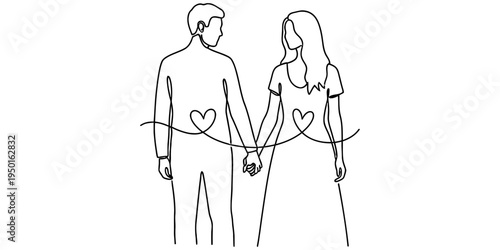 Continuous one line drawing of a couple holding hands with hearts.