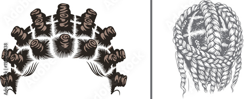Vector illustration of traditional African hairstyles featuring bantu knots and braided crown patterns. High-contrast line art showcasing intricate hair textures and cultural beauty styling.