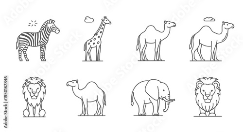 Black and white line drawings of savannah animals.