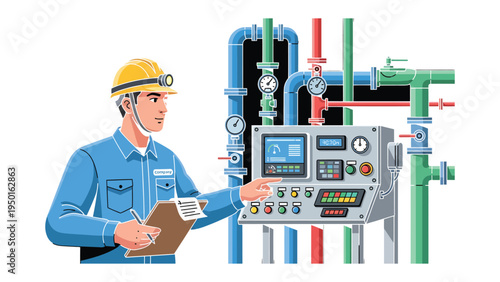 Engineer's Technical Mastery: An engineer examines complex machinery, meticulously reviewing intricate controls to ensure optimal performance.