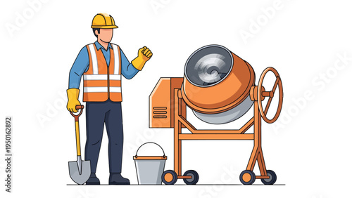 Construction Worker with Concrete Mixer: A construction worker stands proudly beside a concrete mixer. showcasing his tools and expertise. An illustration capturing industry, labor, and craftsmanship.
