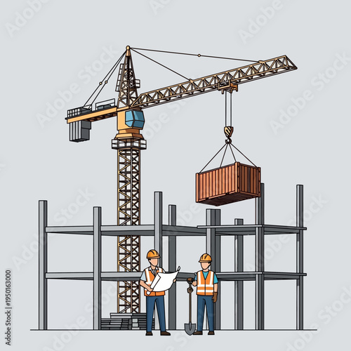 Construction site with crane, workers and building structure