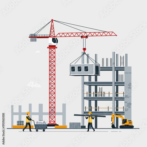 Construction site with crane, excavator, workers, and building under construction